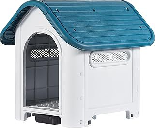 Lanco - Kennel for Small Dogs with Toilet. Indoor and Outdoor use with vents. Resistant Material. 30x23x26 inches (L*W*H). Blue and White.
