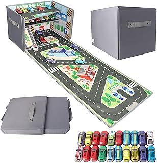 Toy Car Storage, Car Play Mat with 20 Cars, Kids Storage Boxes with Handles, 3-In-1 Foldable Toy Car Mat, Toy Storage Box for Boys Girls, Storage for 200+ Cars
