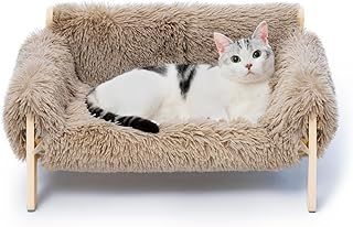MEWOOFUN Large Cat Bed Sturdy Wooden Leg Raised Cat Sofa Bed Kitten Bed for Indoor Cats - Soft Cat Couch with Removable Cover Hold up 15kg (Brown, 56x45cm)