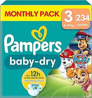 Pampers Baby-Dry Paw Patrol Edition Size 3, 234 Nappies, 6kg - 10kg, Monthly Pack, with A Stop & Protect Pocket to Help Prevent Leaks at The Back (Package may vary)