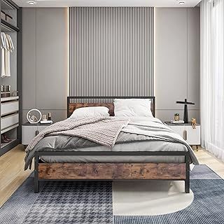 BOFENG King Size Bed Frame with Wood Headboard,Heavy Duty Metal Platform Bed Frame King Size with Storage No Box Spring Needed,Mattress Base/Strong Steel Slats Support/Noise-Free