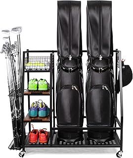 Golf Storage Rack with Lockable 360° Wheels, Heavy-Duty Metal Golf Storage Organiser with Wooden Shelves & Hooks, Golf Club Stand for 2/3 Bags, for Shoes/Indoor/Garage, Up to 136kg/300lbs