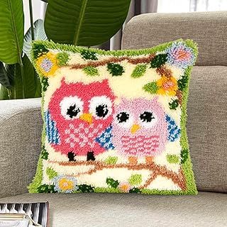 ROCKY&CHAO Latch Hook Kit for Adults, Owl Couple 17X17Inch, Latch Hook Owl Pillow Case Kits 43X43CM, DIY Latch Hook Cushion Kits, Cross Stitch Embroidery Kits Cushion Making Kits Home Decor