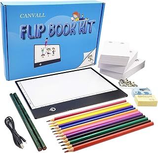 Flipbook Set for Drawing and Tracing Animation, Include: LED Light Box, 540 Pages Animated Loose-Leaf Paper, 2 HB +12 Colored Drawing Pencils, Pencil Sharpener, Eraser and Screwdriver