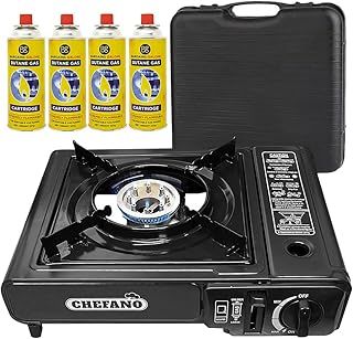 Portable Gas Cooker Camp Stove + 4 Butane Gas Canisters - For Outdoor Cooking, Camping, Fishing & BBQ | Premium Burner, Automatic Ignition & Heat Control, EN417 Compliant - Black Grill & Carry Case