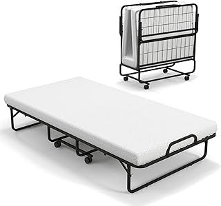 COSTWAY Folding Bed with 10cm Memory Foam Mattress, Portable Foldable Rollaway Guest Bed on Wheels, Metal Frame Compact Single Fold up Bed Office Camp Sleeper for Adults and Kids, 190 x 97cm