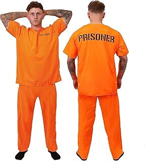 Mens Prisoners Convict Costume - Large - Orange Prisoner Top, Matching Orange Trousers – Cops & Robbers Halloween Fancy Dress Costume