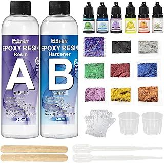 Roizefar Epoxy Resin Kit, 480ml Crystal Clear Resin Kits for Beginners, Resin Accessories with Resin Pigment, Glitter, Sequins, Casting Resin Starter Kit for Jewelry Making，Art Craft