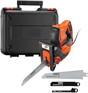 BLACK+DECKER Powered Hand Saw Jigsaw Autoselect Scorpion 23mm Stroke Length and Prune 500W with Kitbox Includes 3 Blades RS890K-GB
