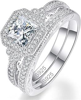 Bonlavie 925 Sterling Silver Princess and Round Cut White Cubic Zirconia Engagement Ring Set for Women