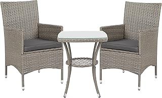 Outsunny 3 Pieces Rattan Bistro Set, Wicker Garden Furniture Set with 2-Tier Coffee Table and Chairs, Washable Cushions, for Outdoor Patio Balcony, Grey