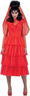 Smiffys Beetlejuice Lydia Bride Adult Costume Mini Dress Veil and Choker in Red Tiered Layered Design Official Warner Brothers Licensed Costume Perfect for Matching Family Fancy Dress