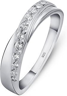Amberta Women's 925 Sterling Silver Ring Crossover Band with Zirconia Stones