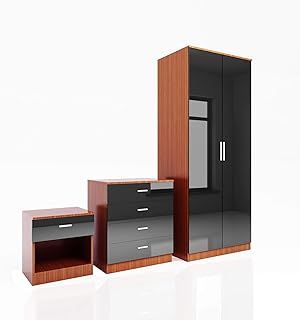 ELEGANT 3 Piece Bedroom Furniture Sets High Gloss Soft Close Wardrobe + 4 Storage Drawer Chest of Drawers + Bedside Cabinet, Black-Walnut Wardrobe and Chest of Drawers Set
