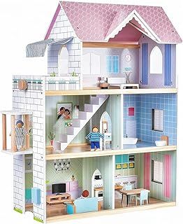 Giant bean Wooden Dolls House, 2.6 Feet High with Elevator, Doorbell, Light,15 Pieces Furnitures and 3 Dolls, Toy Gift for Girls Ages 3-7+