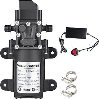 VerRich 12V Water Pumps Diaphragm Pump with Power Supply Adaptor and 2 Adjustable Hose Clamps for Water Tap,Motorhome,Caravan