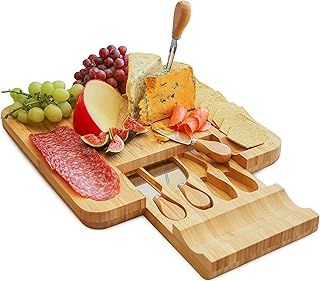 Harcas Bamboo Cheese Board and Knife Set Best for Serving Cheese, Crackers, Salami and Food. Size: 33cm x 33cm x 3.5cm. Christmas, Weddings and House Warming Gift
