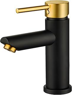 Peppermint Black Basin Mixer Tap Bathroom Sink Tap with Brushed Gold Lever, Modern Basin Taps Stainless Steel Mono Single Lever Bathroom Taps with Hot and Cold Hoses