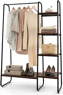 COSTWAY Metal Garment Rack, Freestanding Coat Clothes Rail Rack with 4-Tier Storage Shelves and Hanging Rod, Open Wardrobe Closet Clothing Storage Organizer for Bedroom Hallway (Black+Rustic Brown)