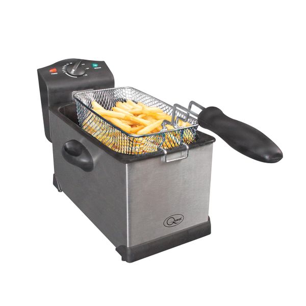 Quest 3 Litre Deep Fat Fryer, Stainless Steel Fryer for Chicken, Chips & More, Serves 2-4, Lid Cover with Window, Dishwasher Safe Removable Oil Container, 2000W (35140)
