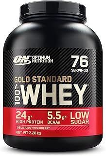 Optimum Nutrition Gold Standard Whey Muscle Building and Recovery Protein Powder With Naturally Occurring Glutamine and Amino Acids, Delicious Strawberry, 76 Servings, 2.28kg, packaging may vary