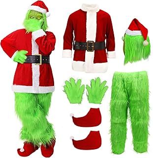 SINSEN 7PCS Christmas Green Big Monster Costume Adult Cosplay Costume Luxury Santa Claus Santa Suits Outfits
