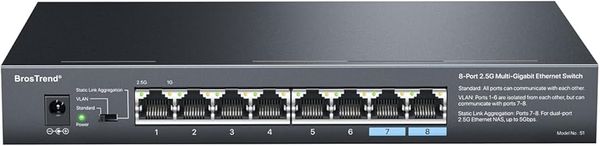 BrosTrend 8-Port 2.5G Ethernet Network Switch, Multi-Gigabit Unmanaged Switch Supports Static Link Aggregation / VLAN, Ethernet Splitter, Fanless, Metal, Desktop Wall-Mount Limited Lifetime Protection