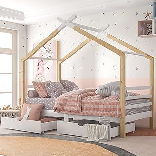 Wooden House Bed with Two Storage Drawers for Kids, Solid Pine Wood, 3 FT Single Tree House, Canopy Bed for Children Girls and Boys, 190 * 90 cm (Natural)