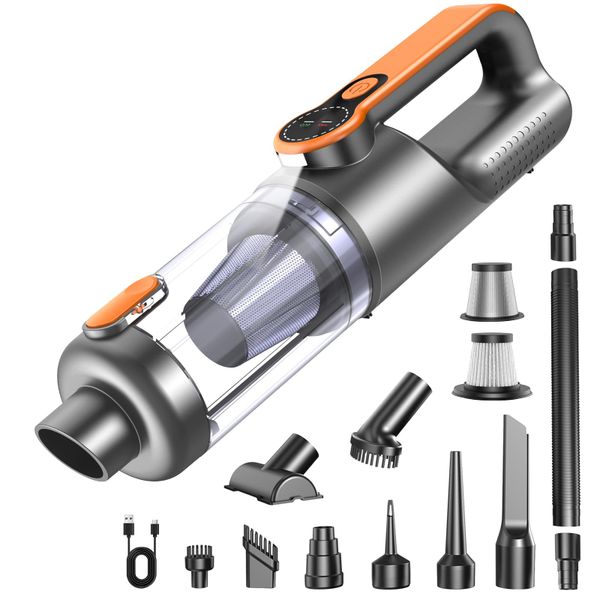 Handheld Vacuum Cleaner, 35000Pa 4-in-1 Car Vacuum Cleaner Cordless Powerful, One-touch Dust Emptying, Brushless Motor, HD Display, LED Light, Hand Held Vacuum Cordless for Home/Office/Car, Orange