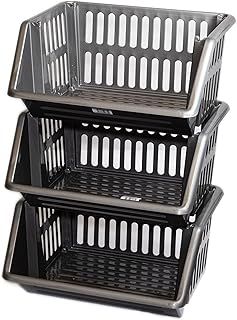 New Stacking Baskets Storage Veg Rack Plastic Stackers, Creme, Grey, Length 36 cm x Depth 30 cm x Height 17.5 cm (Grey, 3 racks)