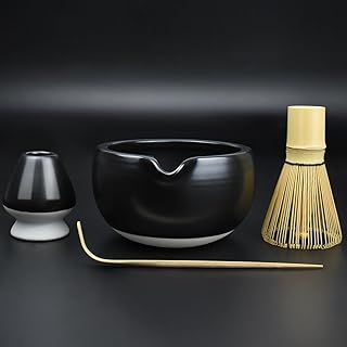 Artcome 4 Pcs Complete Matcha Tea Ceremony Kit for Japanese Tea Ceremony, Bowl with Pouring Spout, Whisk, Whisk Holder, Tea Scoop, Matcha Tea Set For Making Usucha, Koicha and Matcha Latte (Black)