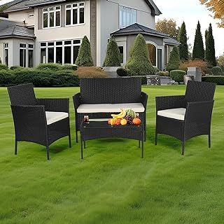 4 Piece Rattan Garden Furniture Set, Patio furniture, Garden Table, Garden Sofa Chair Glass Top Coffee Table with Cushions, Ideal for Pool Side, Balcony, Outdoor and Indoor