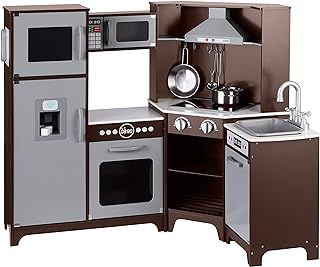 Amazon Basics Kids’ Corner Wooden Kitchen Playset with Interactive Doors, Knobs and Lights, Espresso/Grey, 99 x 71 x 89 cm