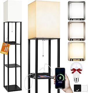 DEANIC Floor Lamp with Shelves, Modern Standard LED Lamps Living Room Bedroom Office, Wooden Tall Standing Lamp Reading Lamp Stand (Black, with USB Charging)
