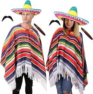 ADULTS MEXICAN WILD WEST COUPLES FANCY DRESS COSTUME - 2X DELUXE STRIPED PONCHO, 2X POM POM EDGING SOMBRERO, 2X JUMBO PLASTIC CIGARS, 2X BLACK STICK ON TASH - PERFECT FOR MENS AND LADIES AROUND THE WORLD, MEXICAN, WILD WEST FANCY DRESS PARTIES