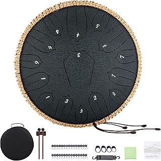 Musfunny Steel Tongue Drum 12 inch 15 Notes Handpan Drum D-Key Percussion Instrument with Music Book Bag Mallets Wiping Cloth for Musical Education Concert Yoga (12 inch Navy Blue)
