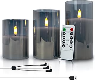 Rechargable LED Flameless Candles Flickering with Timer & Remote Control, Built-in Battery Gray Glass Gift Set, Set of 3 Pillar 4.1'' 5.1'' 6.1'' for Party Wedding Home Decor