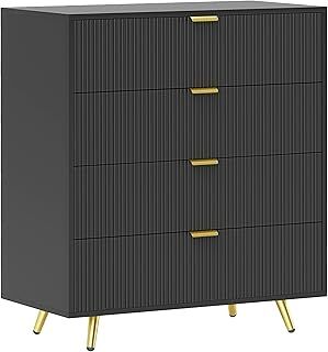 HOMCOM Bedroom Chest of Drawers with 4 Drawers, Fluted Dresser with Gold Tone Handles, Storage Cabinet for Bedroom, Living Room, Hallway, Entryway, Black