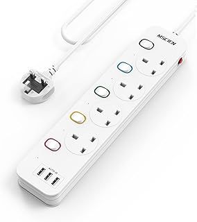 Mscien Extension Lead with USB Slots, 4 Way 3 USB Extension Socket with Individual Switches, Mountable Overload Protection Power Strips, 1.8 Meter Cable, 13A/3250W
