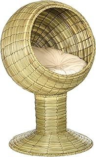 PawHut Raised Cat House, Natural Mat Grass Cat Bed, Kitten Cave with Cushion, Detachable Top, Yellow, Φ41x 69 cm