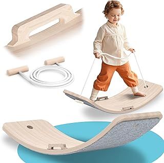 Wooden Wobble Balance Board, 80x30CM Rocker Board with Handrail and Auxiliary Rope Felt, Natural Wood Learning Toys Montessori Sensory Board for Kids Toddler Adults