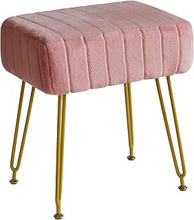 IBUYKE Velvet Rectangular Footrest Ottoman, Makeup Vanity Stool Side Table, Dressing Table Seat, Pouf Couch Stool, Golden Steel Legs, Pink L/G-51P