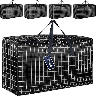 4 Pack Extra Large Storage Box with Lids for Moving House, Wardrobe Heavy Duty Laundry Storage Bags with Zips for Clothes, Strong Organiser Packing Boxes (black)