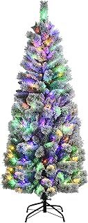 COSTWAY 6ft Pre-lit Artificial Christmas Tree, Hinged Snow Flocked Xmas Tree with 200 LED Lights, 9 Lighting Modes, Foldable Metal Stand, Holiday Decoration for Home Office Shop