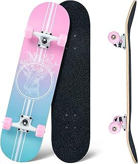 Skateboard,31 x 8 Inch Complete Skateboard, 8-Layer Maple Wood Deck Double Kick Standard Skateboards for Kids, Teens, Adult, Beginner