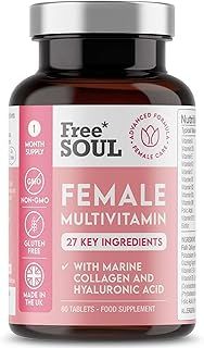 Women's Multivitamins & Minerals with Marine Collagen & Hyaluronic Acid | 27 Essential Vitamins, Minerals, & Botanicals | Gluten-Free & No Synthetic Fillers or Binders | 60 Tablets | Free Soul