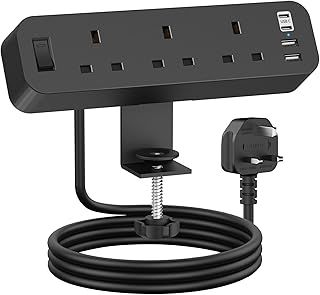 Desk Power Socket with USB C, ANVODE 3 Way Desktop Power Socket Extension with 4 USB (2 Type C), Desk Extension Lead 2M with Switch for Home Office (Black)