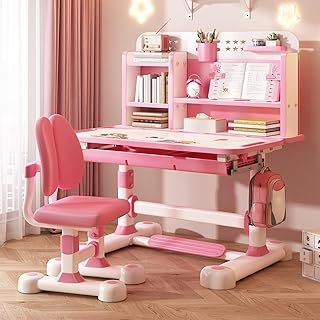 Children Adjustable Desk and Chair Set, Study Table for Kids, kids writing desk, Pink Home School Writing Desk with Drawers and Storage Compartments, Reading/Learning/Writing for Girls (Pink-A)