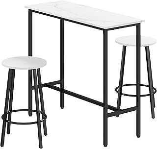 HOMCOM 3 Piece Bar Table Set, Modern Dining Table Set for 2 with Stools, Steel Frame, Footrest for Kitchen, Living Room, Small Space, White
