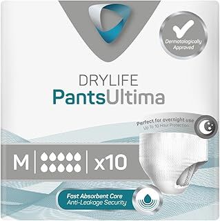 Drylife Pants Ultima Disposable Pull-Up Unisex Incontinence Pants - 3000ml Absorbency, Overnight Protection, Anti-Leak Security, Breathable Material - Medium (1 Pack of 10)